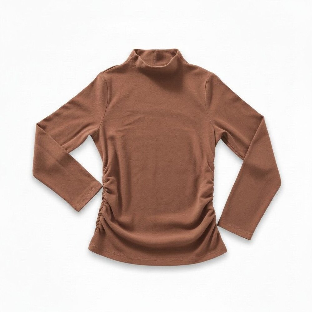 OGL Ruched Mock Neck Top Chocolate Brown NWT Stretch Rib $49